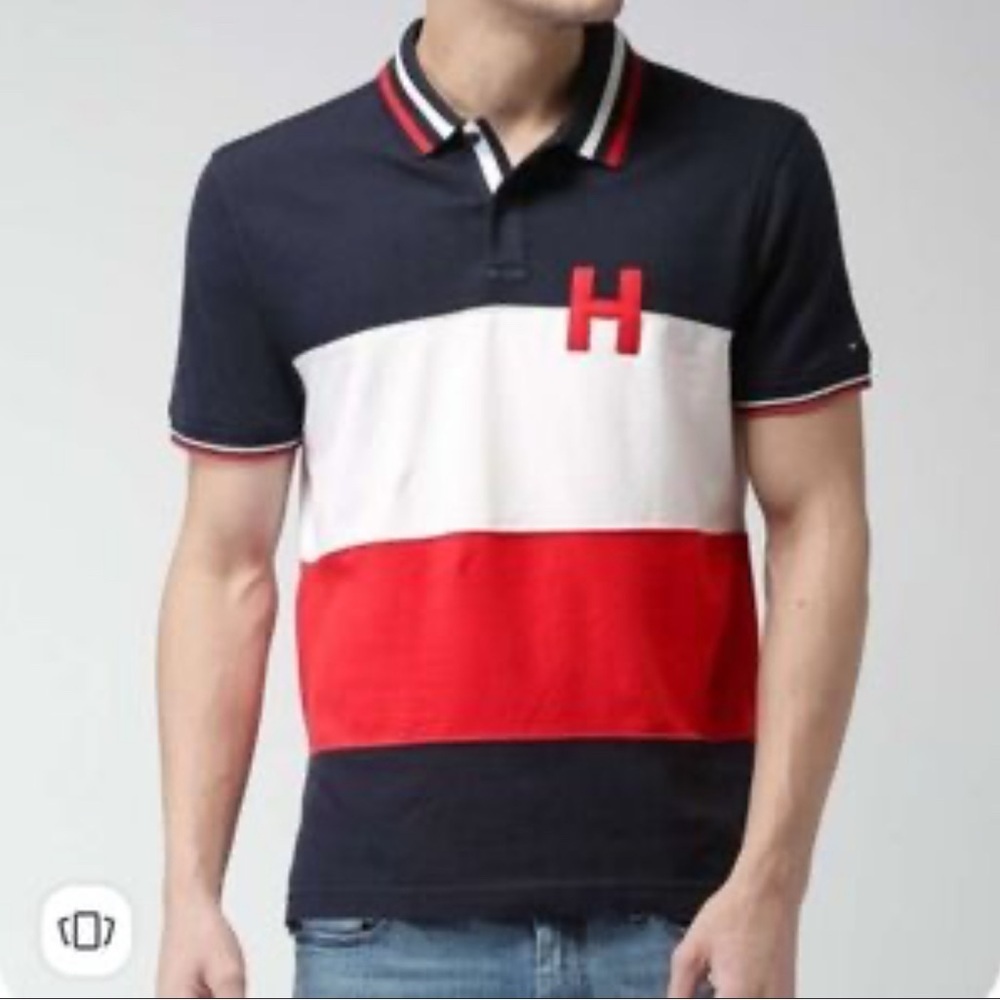 Tommy Hilfiger Polo Shirt Men's Large Red Navy Blue Short Sleeve Holiday Stretch